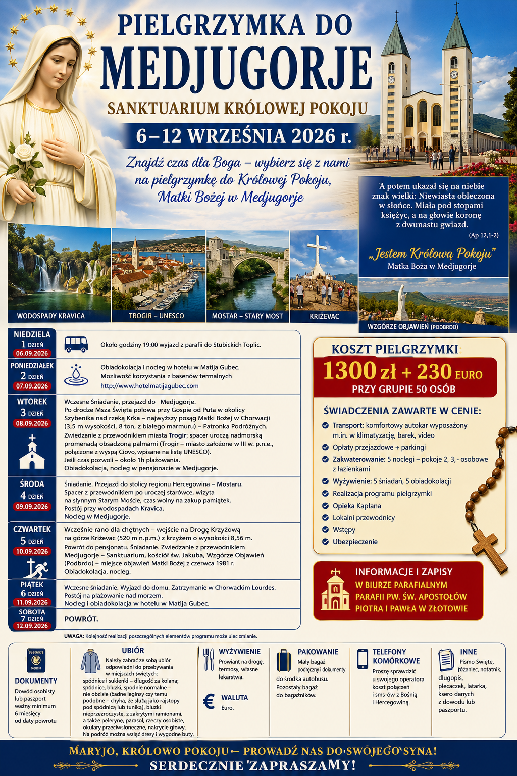 PIELGRZYMKA DO MEDJUGORIE. 06.09.2026 – 12.09.2026