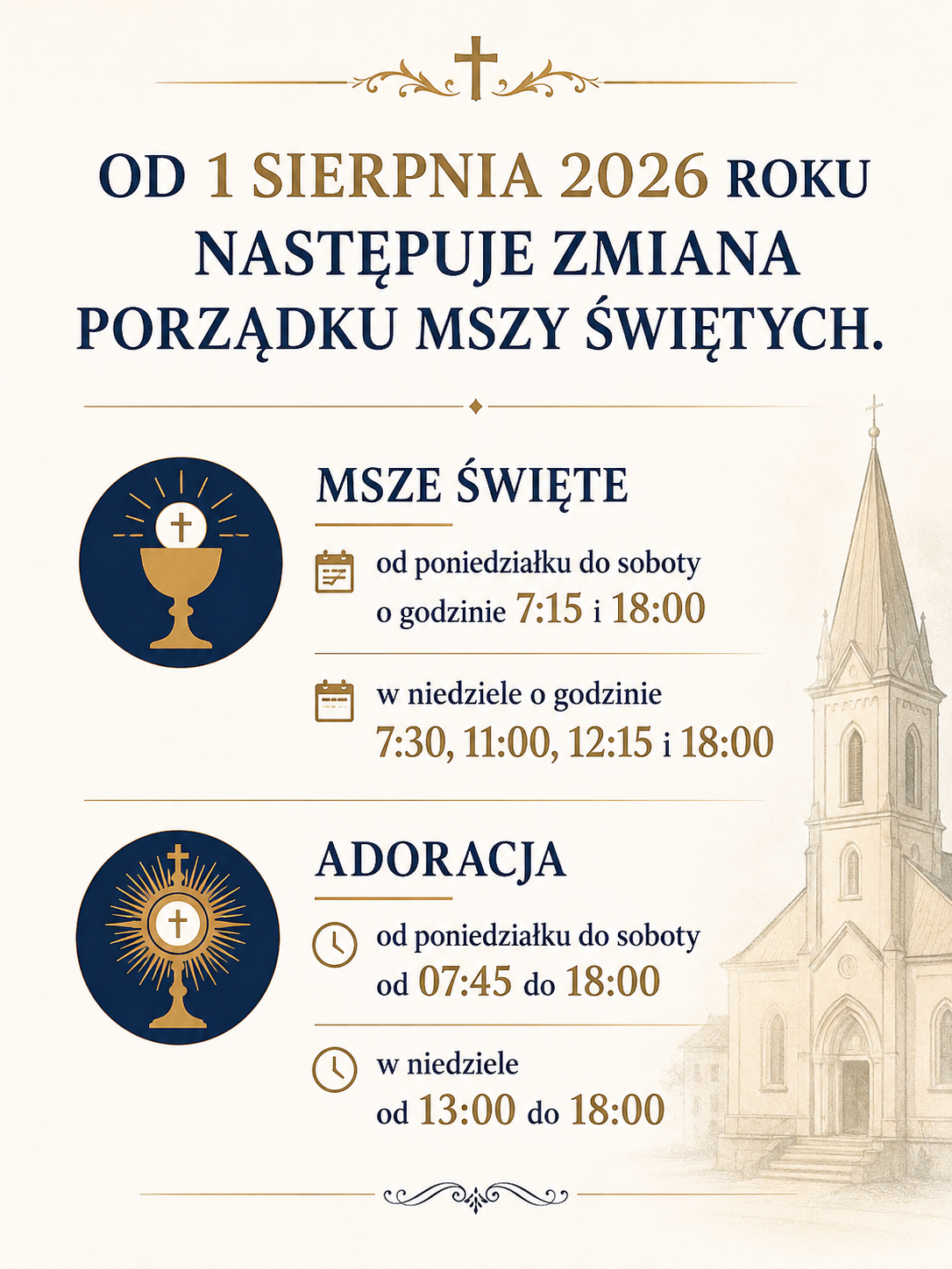 ZMIANY SPRAWOWANIA MSZY ŚWIĘTYCH W NASZEJ PARAFII OD 1 SIERPNIA 2026